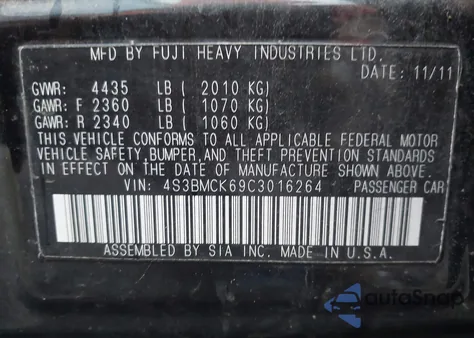 2012 Subaru Legacy 2.5I Limited из США, поврежденный, VIN 4S3BMCK69C3016264